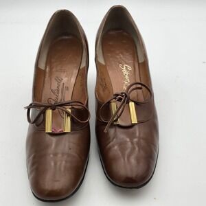 Vintage Julianelli‎ Selber Brown Leather Heeled Pumps Bow Detail Size 8.5 Narrow